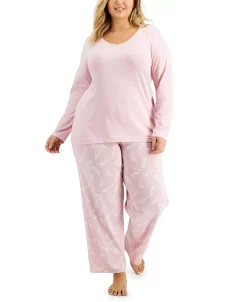 Charter Club Plus Size Long-Sleeve Top & Printed Pants Cotton Pajama Set, Created For Macy's