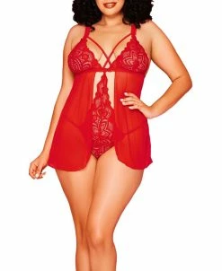 Hauty Stella Plus Size Galloon Lace And Mesh Soft Cup Babydoll With Connected Bodysuit Inside And Flyaway Front