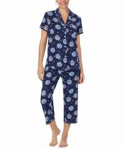 Cuddl Duds Printed Short Sleeve Notch-Collar Cropped Pajama Set -White Mark Shop 20926205 fpx