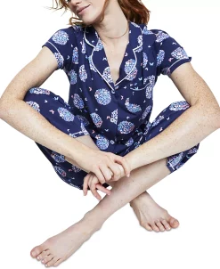 Cuddl Duds Printed Short Sleeve Notch-Collar Cropped Pajama Set -White Mark Shop 21309416 fpx