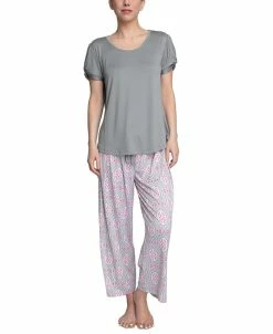 Muk Luks Plus Size Embellished Sleeve & Printed Pajama Pants Set -White Mark Shop 21853028 fpx