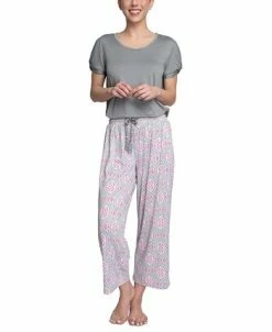 Muk Luks Plus Size Embellished Sleeve & Printed Pajama Pants Set -White Mark Shop 21853030 fpx