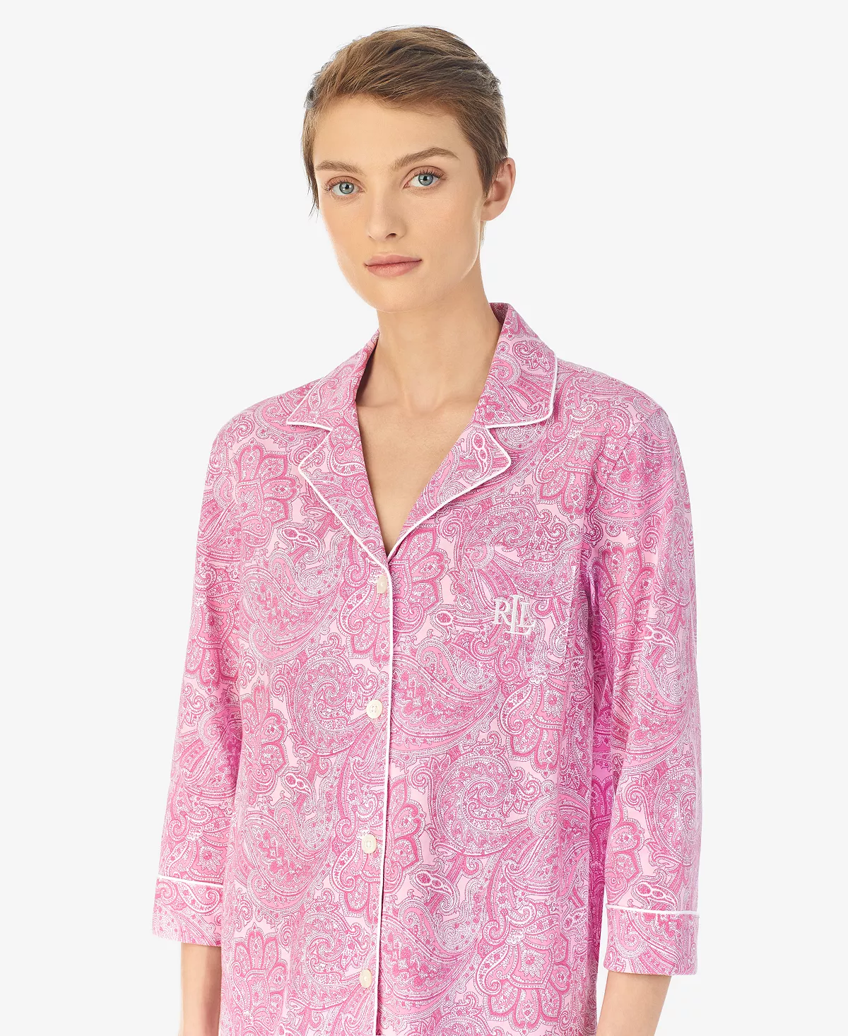 Lauren Ralph Lauren Womens 3/4 Sleeve Cotton Notch Collar Capri Pant Pajama Set 8 Lauren Ralph Lauren Womens 3/4 Sleeve Cotton Notch Collar Capri Pant Pajama Set - Image 8