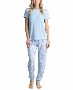 Muk Luks Women's Ribbed Crewneck & Printed Jogger Pajama Pants Set