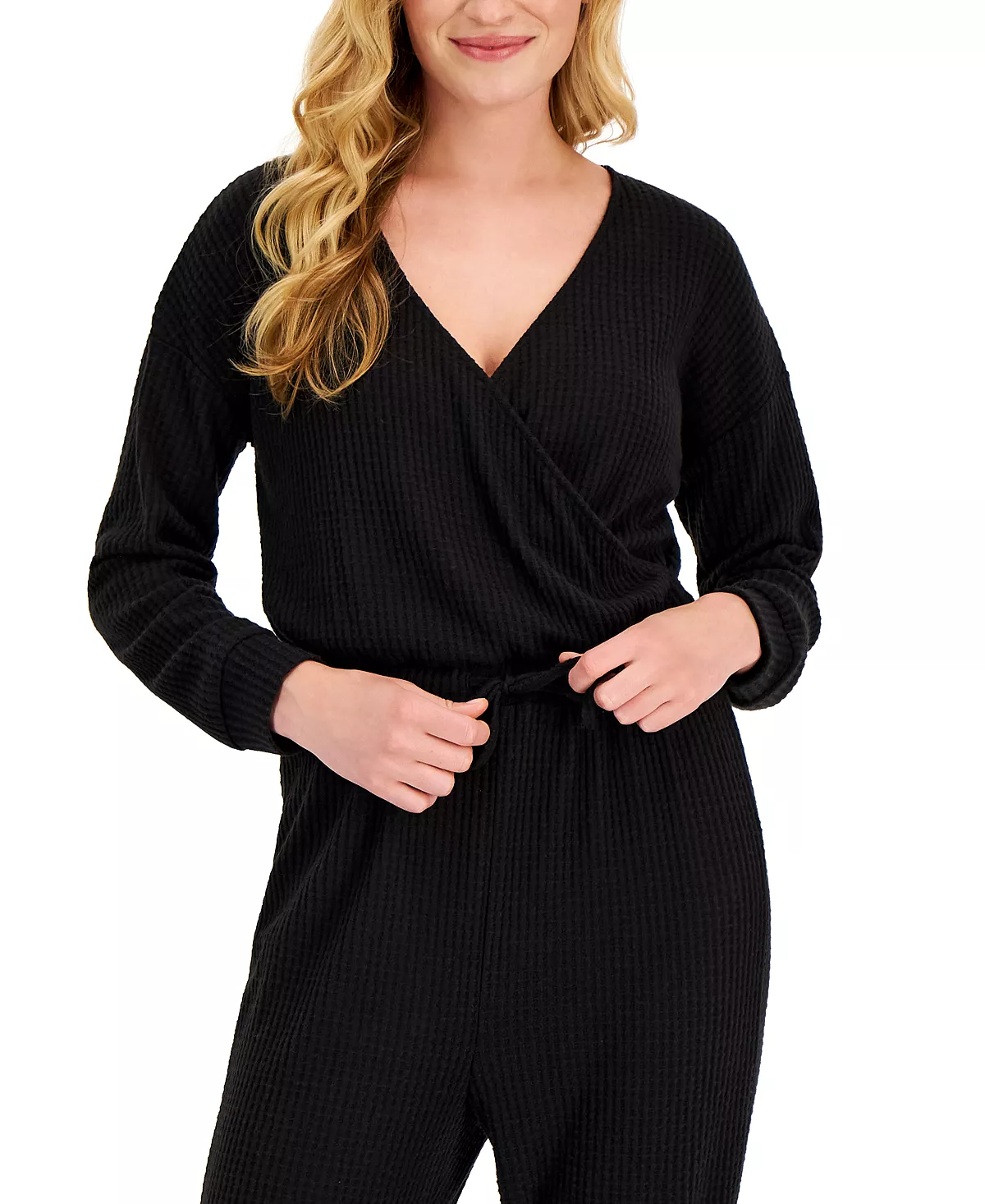 Alfani Women's Long Sleeve Tie Waist Sleep Jumpsuit, Created For Macy's 3 Alfani Women's Long Sleeve Tie Waist Sleep Jumpsuit, Created For Macy's - Image 3