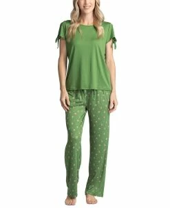 Muk Luks Women's Tie-Cuff Split-Sleeve Top & Open-Leg Pajama Pants Set