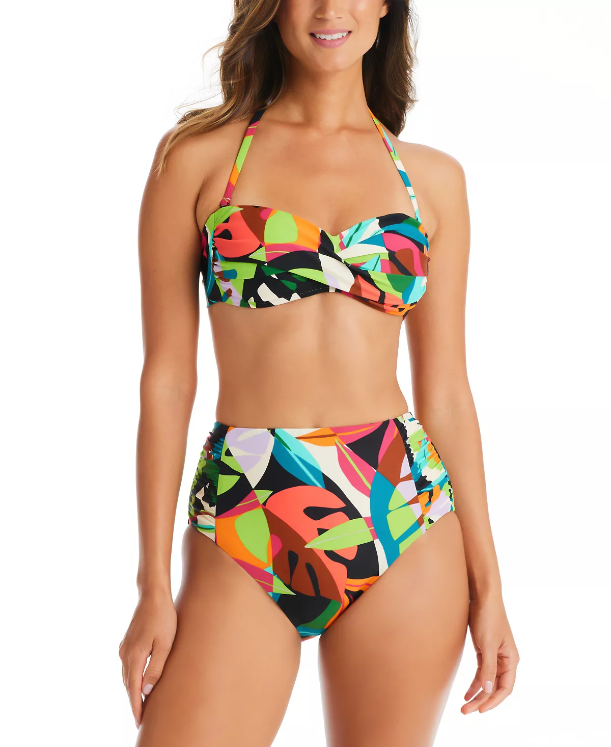Bar III Tropical Dreams Twist-Front Bandeau Bikini Top & High Waist Bottoms, Created For Macy's 2 Bar III Tropical Dreams Twist-Front Bandeau Bikini Top & High Waist Bottoms, Created For Macy's - Image 2