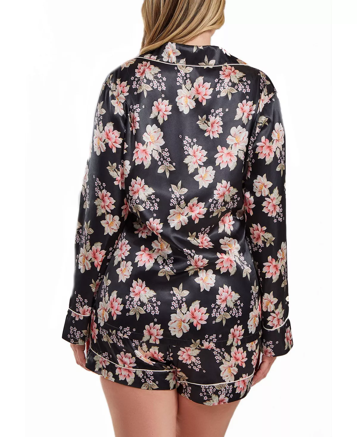 ICollection Yrus Plus Size Floral Satin Pajama Short Set With Cuff Detail, 2 Piece 2 ICollection Yrus Plus Size Floral Satin Pajama Short Set With Cuff Detail, 2 Piece - Image 2