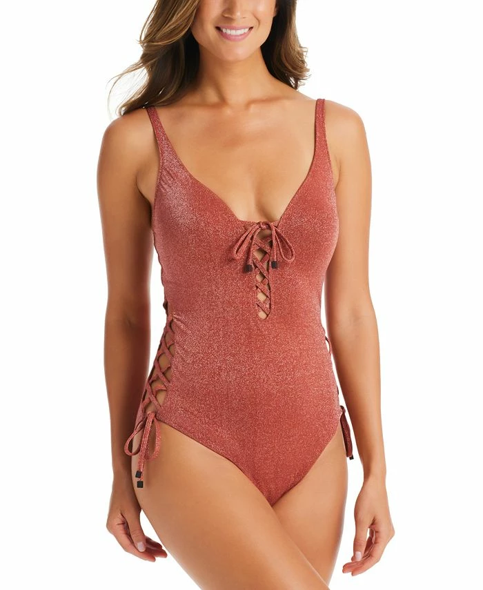 Bar III Summer Solids Lace-Up One-Piece Swimsuit, Created For Macy's 1 Bar III Summer Solids Lace-Up One-Piece Swimsuit, Created For Macy's