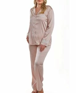 ICollection Brillow Plus Size Satin Striped Button Down Pajama Pant Set, 2 Piece