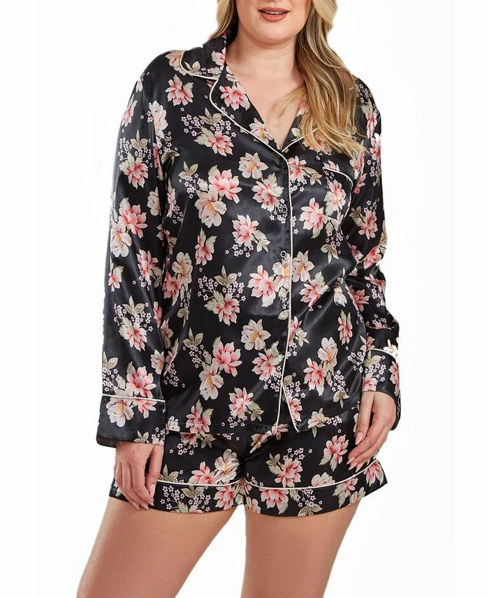ICollection Yrus Plus Size Floral Satin Pajama Short Set With Cuff Detail, 2 Piece 1 ICollection Yrus Plus Size Floral Satin Pajama Short Set With Cuff Detail, 2 Piece