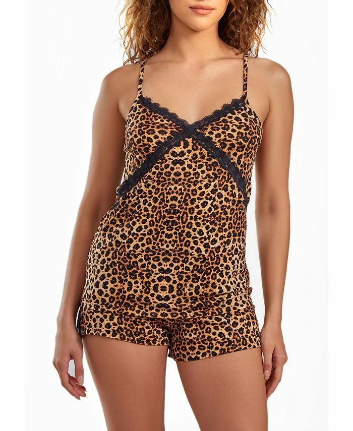ICollection Women's Chiya Leopard Pajama Short Set Trimmed In Lace, 2 Piece 1 ICollection Women's Chiya Leopard Pajama Short Set Trimmed In Lace, 2 Piece