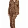 ICollection Hiya Plus Size Modal Leopard Pajama Pant Set With Button Down Collar, 2 Piece