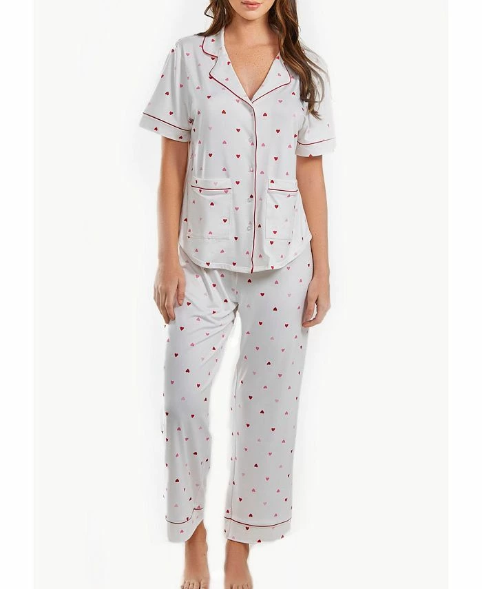 ICollection Kyley Plus Size Pajama Heart Print Pant Set Trimmed In Red With Front Pockets, 2 Piece 1 ICollection Kyley Plus Size Pajama Heart Print Pant Set Trimmed In Red With Front Pockets, 2 Piece