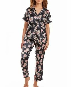 ICollection Women's Cyrus Floral Satin Pajama Pant Set With Cuff Detail, 2 Piece