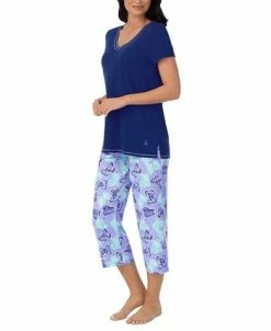 Cuddl Duds Women's Short-Sleeve Printed Capri Pajamas Set -White Mark Shop 23578632 fpx