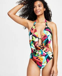 Bar III Women's Tropical Dreams Cowlneck One-Piece Swimsuit, Created For Macy's