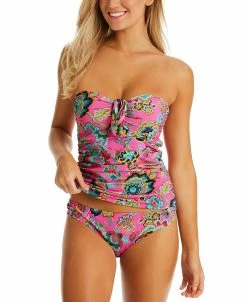 Jessica Simpson Women's Printed Bandeau Tankini Top & Side-Shirred Hipster Bikini Bottoms
