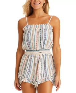 Jessica Simpson Women's Stripe It Up Cover-Up Romper -White Mark Shop 23768542 fpx