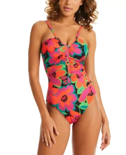 Sanctuary Women's Printed Gardener Shirred-Front One-Piece Swimsuit -White Mark Shop 23778508 fpx