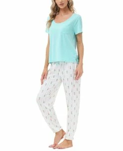 Echo Women's Short Sleeve Pocket T-Shirt With Printed Jogger Pants 2 Piece Pajama Set